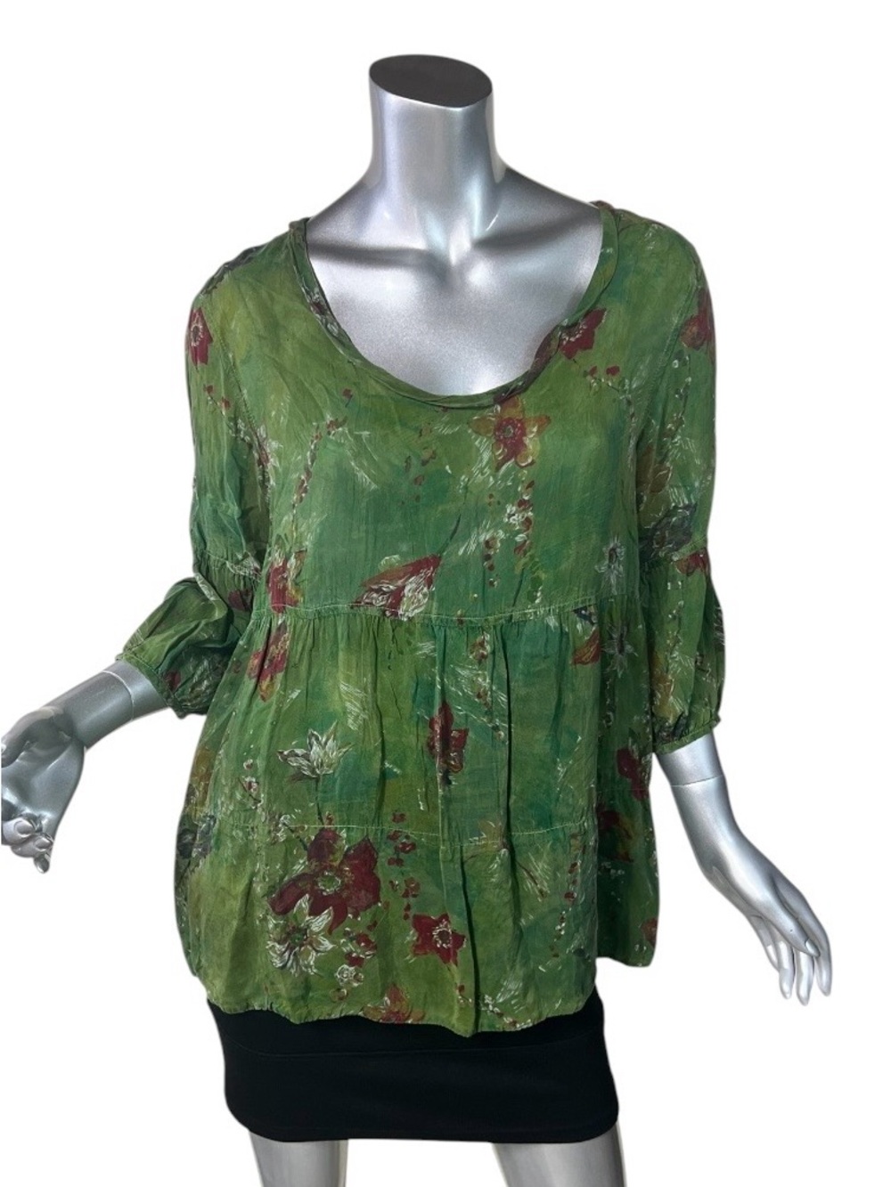 Tianello Blouse Green And Red Floral Print Tunic Top Scoop Neck 3/4 Sleeve SMALL